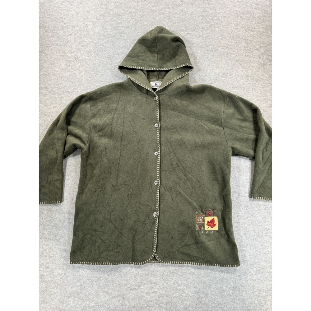 Attraction Fleece Whipstitch Jacket Womens XL Green Logo Button Front Hooded